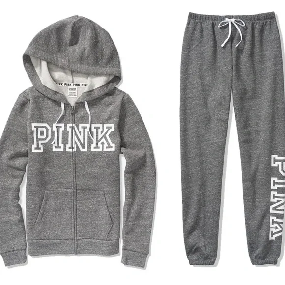 PINK Victoria's Secret Gray Track Pants & Hoodie Set with Logo - Picture 1 of 7